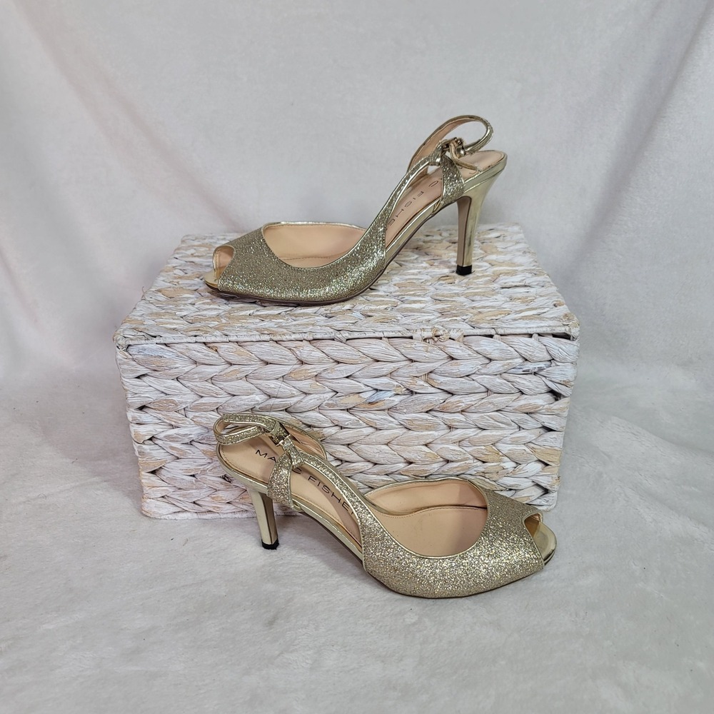 Fairycore Glitter Bling Slingback Heels Gold Metallic Marc Fisher Formal Size 7M